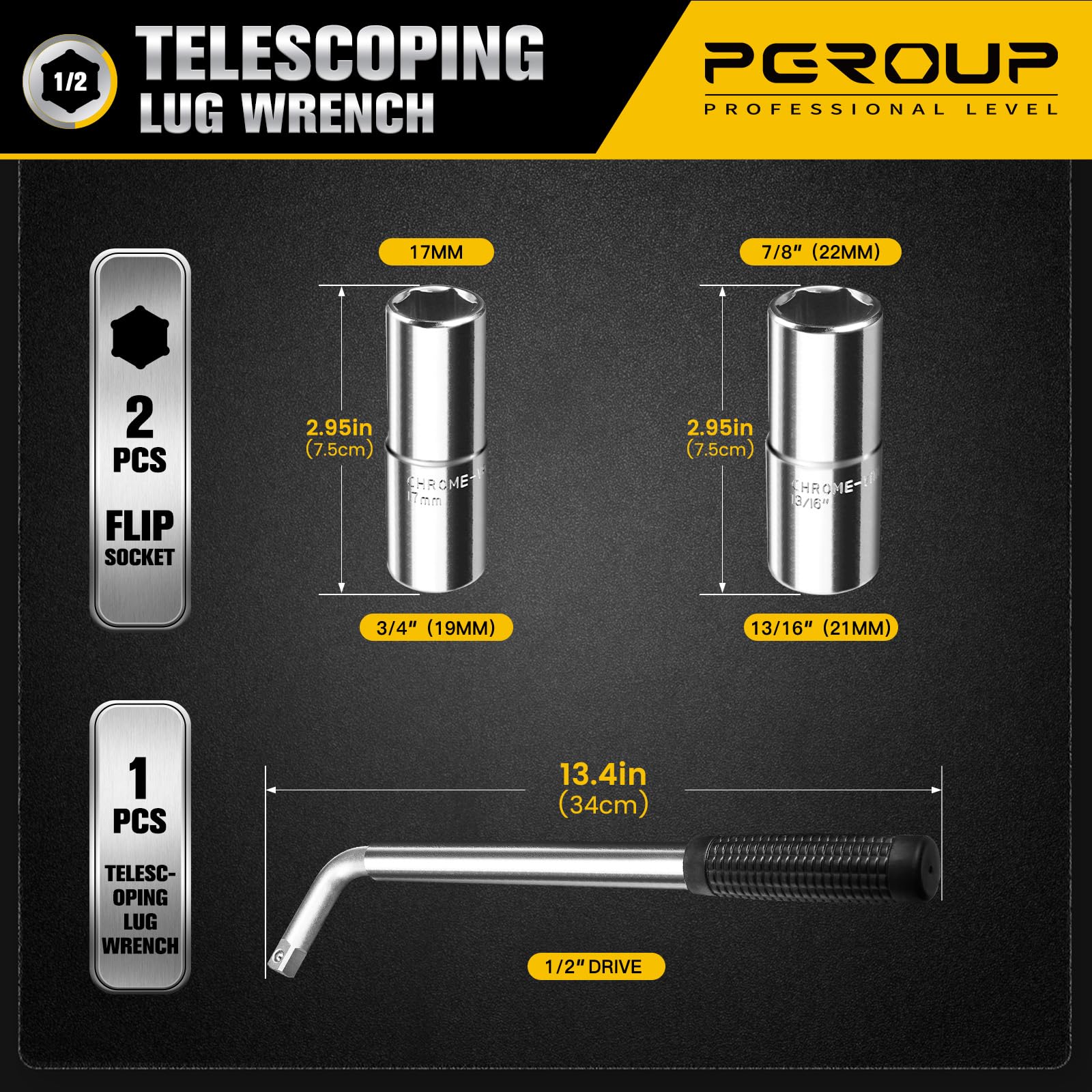 Pgroup lug wrench showing four socket sizes 17, 19, 21, 22 mm