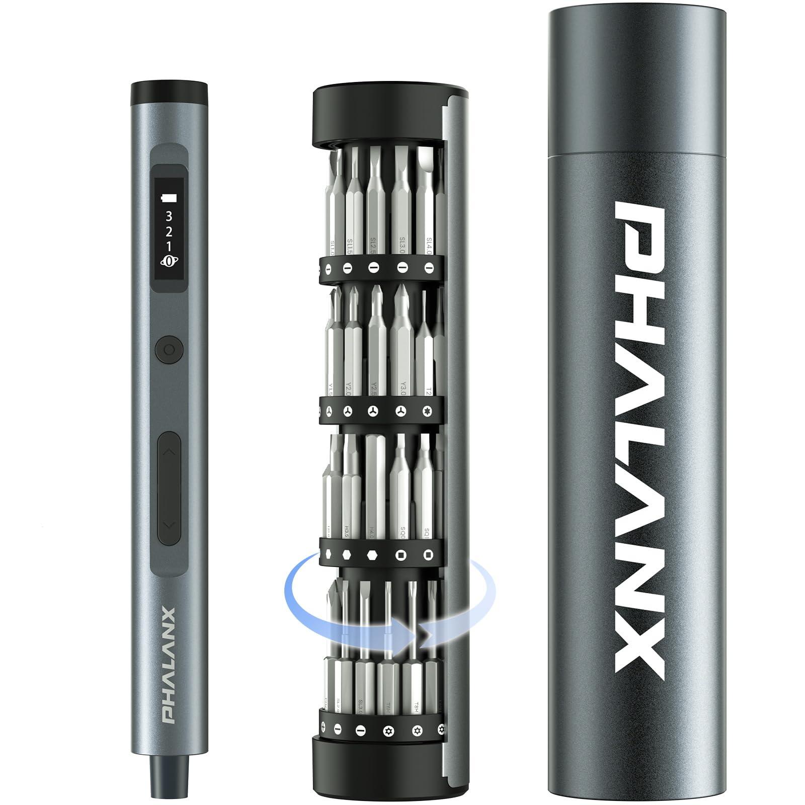 PHALANX Mini Electric Screwdriver on rotatable rack for organized bit access