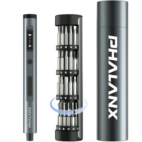 PHALANX Mini Electric Screwdriver on rotatable rack for organized bit access