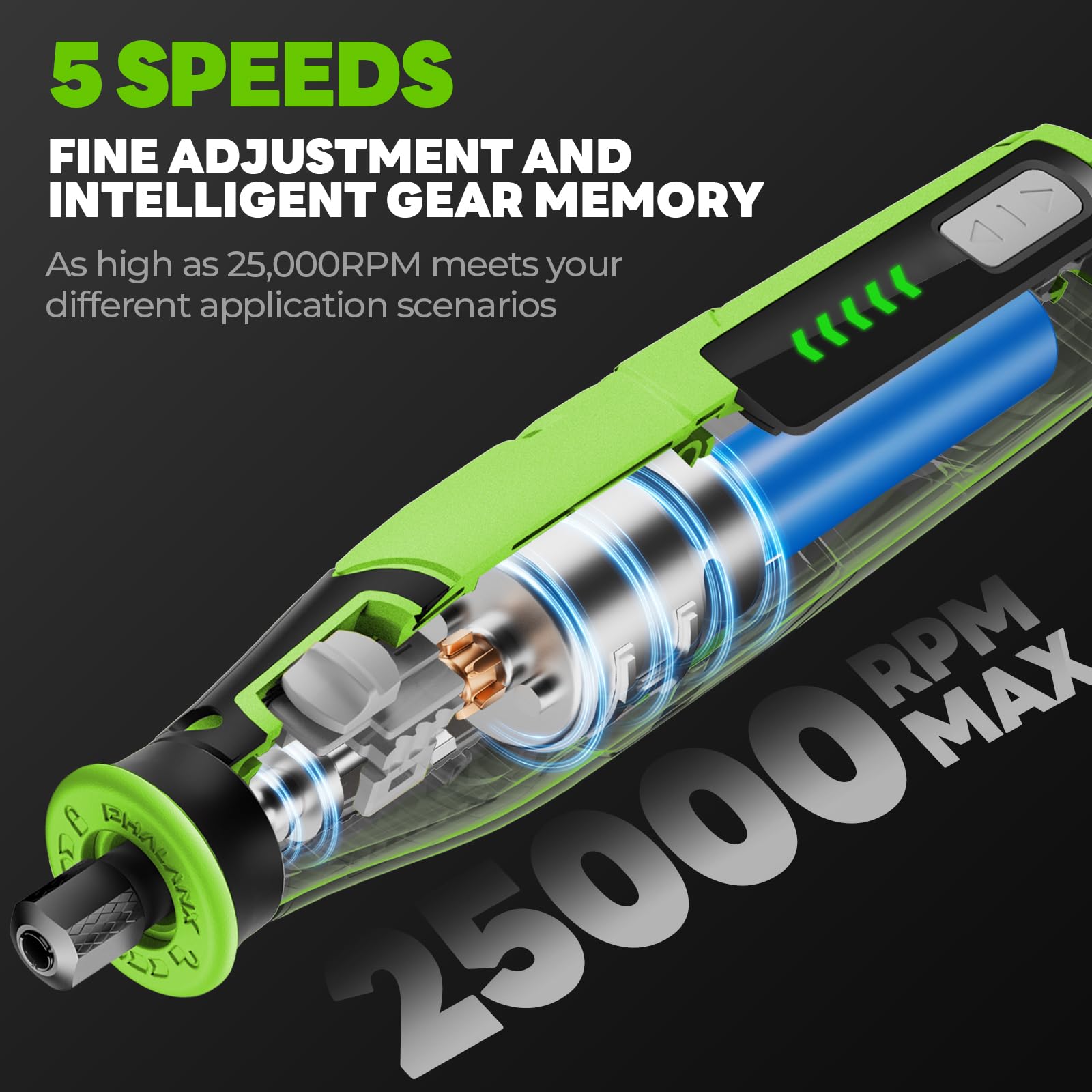 PHALANX Rotary Tool 380 motor delivers strong performance with smooth operation.