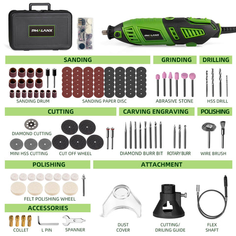 PHALANX rotary tool showing 6-speed control for metal cutting and polishing.