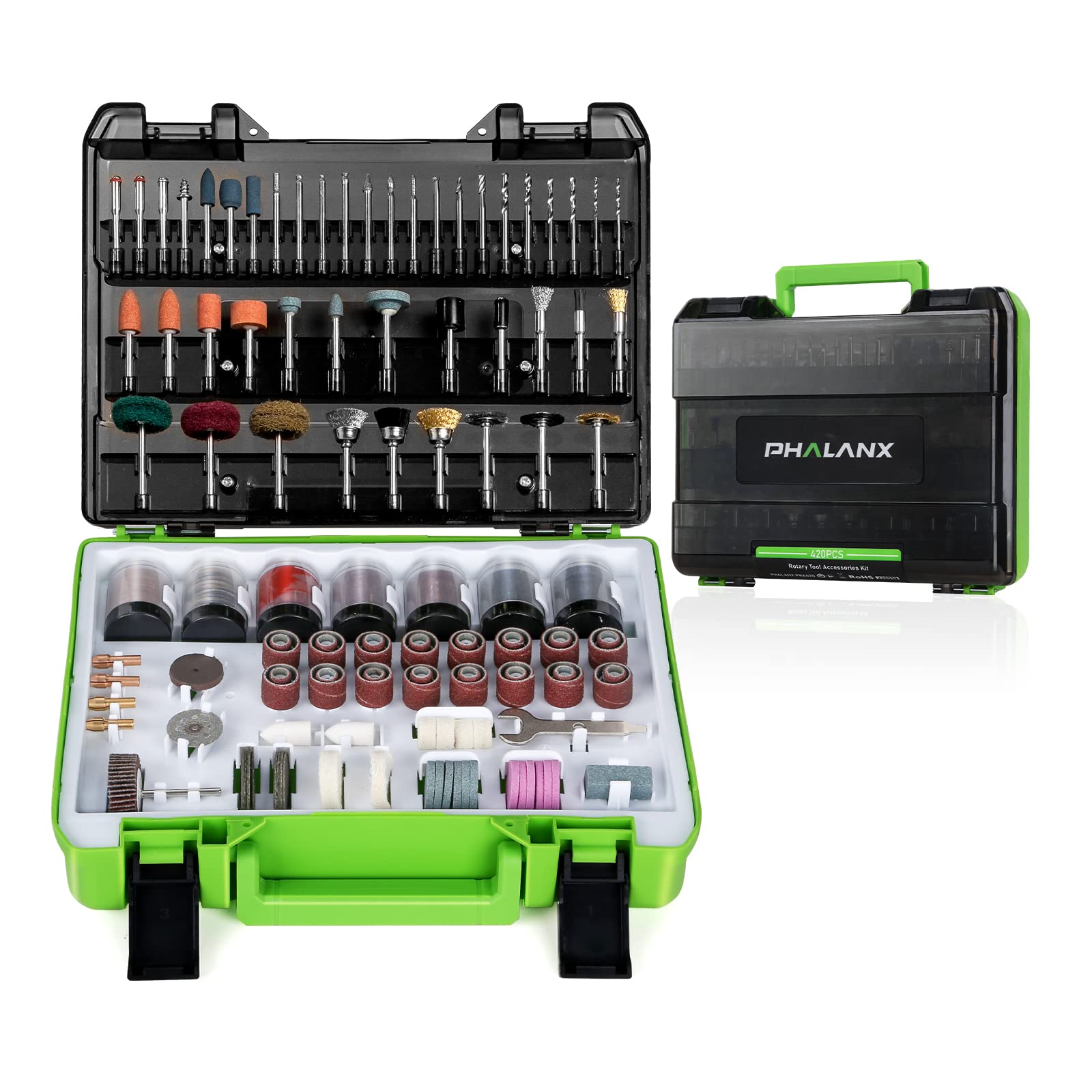 PHALANX Rotary Tool Accessory Kit with 420 pieces for versatile DIY projects.