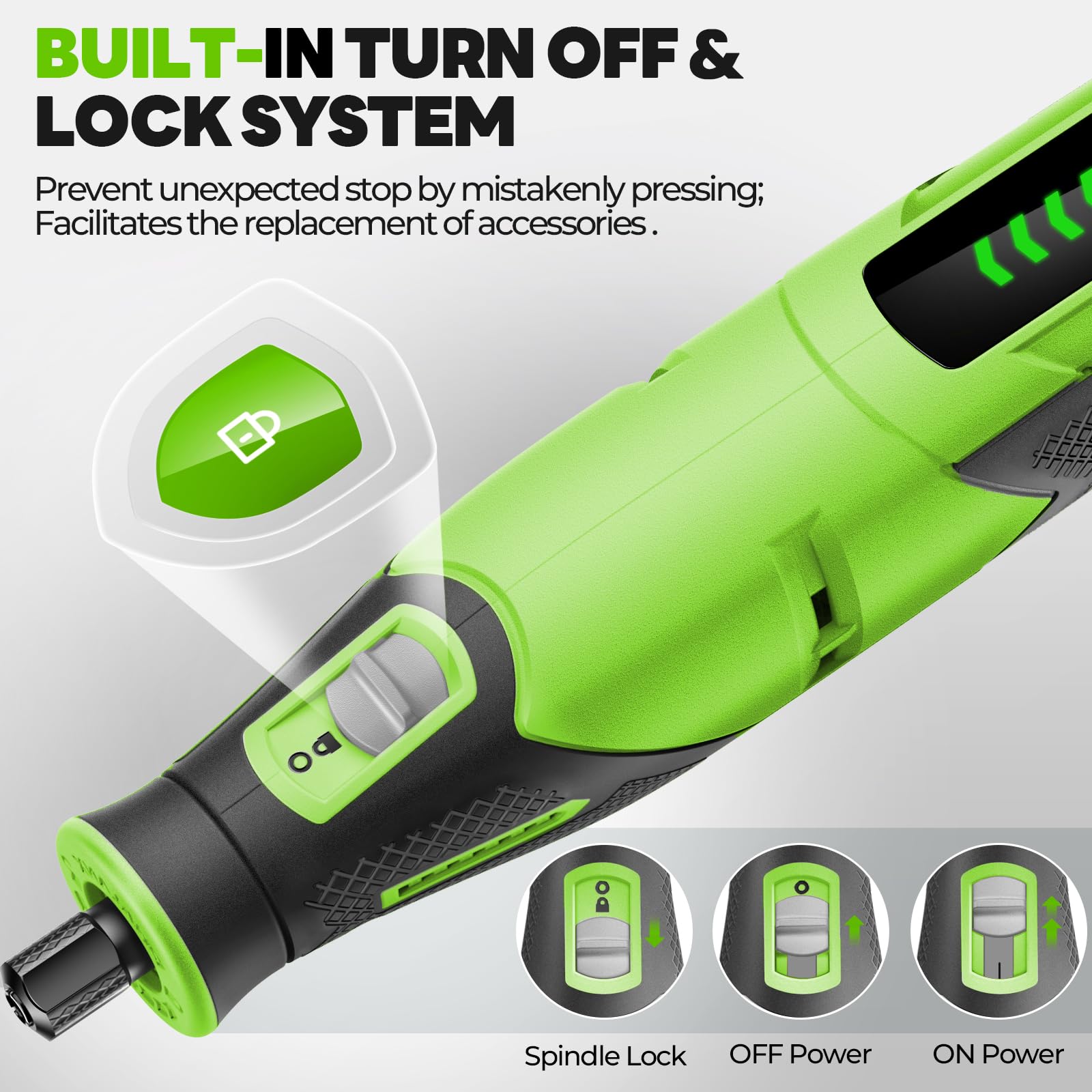 PHALANX Rotary Tool digital display shows battery level and speed at a glance.