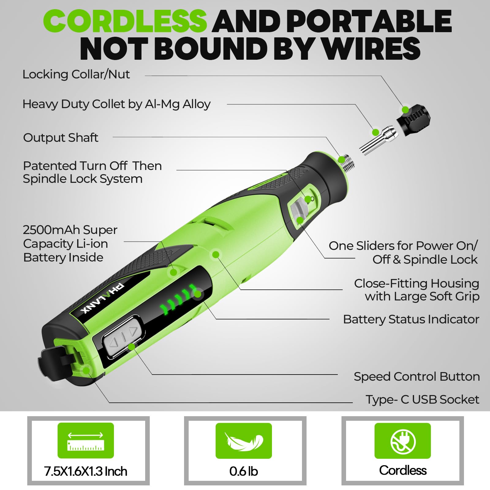 PHALANX ergonomic grip provides comfortable control during detailed tasks.