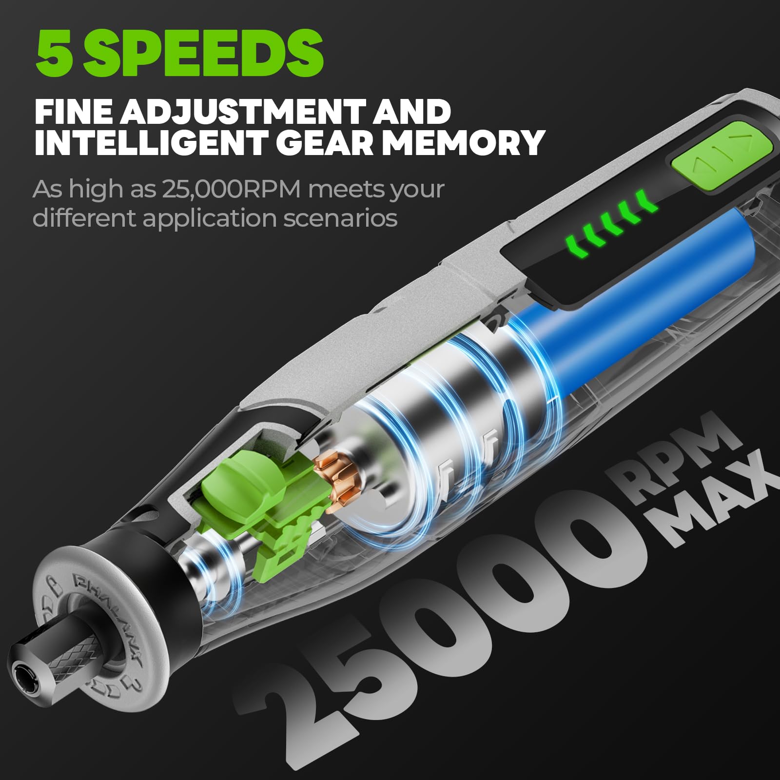 PHALANX rotary tool LED indicator shows battery status and speed.