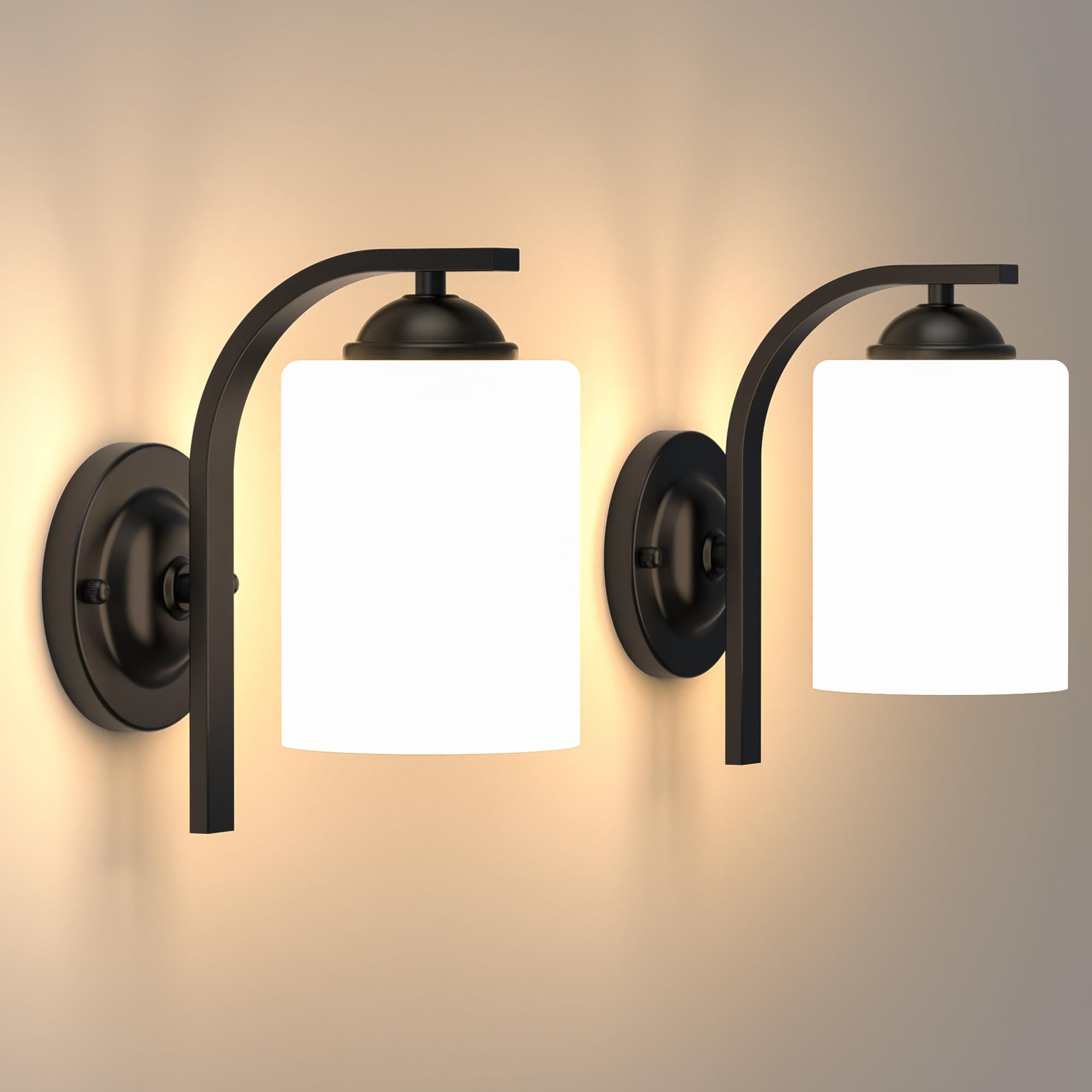 Phaosio 2-pack wall sconces, matte black finish with glass shade, warm bedroom lighting