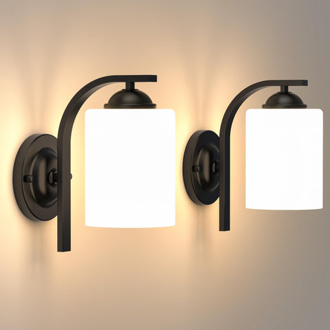 Phaosio 2-pack wall sconces, matte black finish with glass shade, warm bedroom lighting
