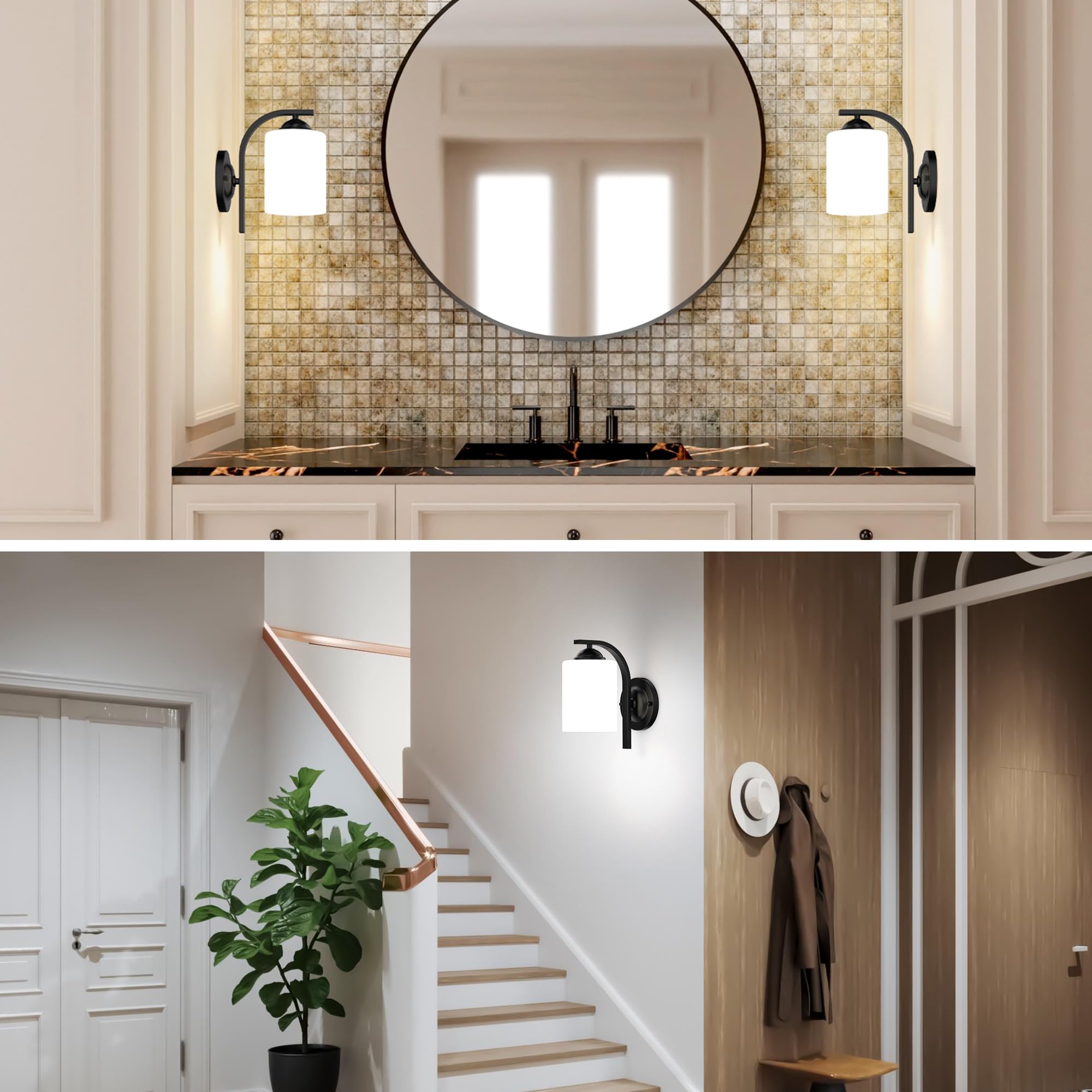 Phaosio kitchen counter area lit by modern farmhouse sconces