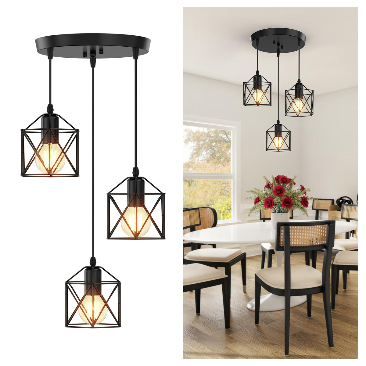 Phaosio 3-light pendant with matte black cage design for versatile lighting