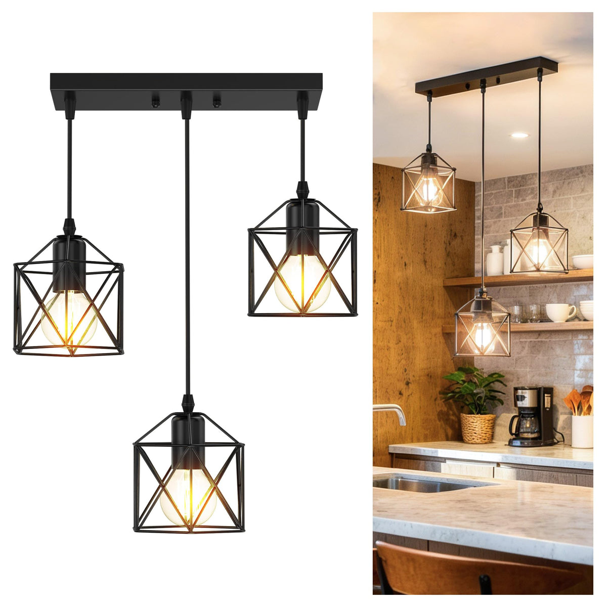 Phaosio 3-light pendant close-up showing adjustable cords for flexible height.