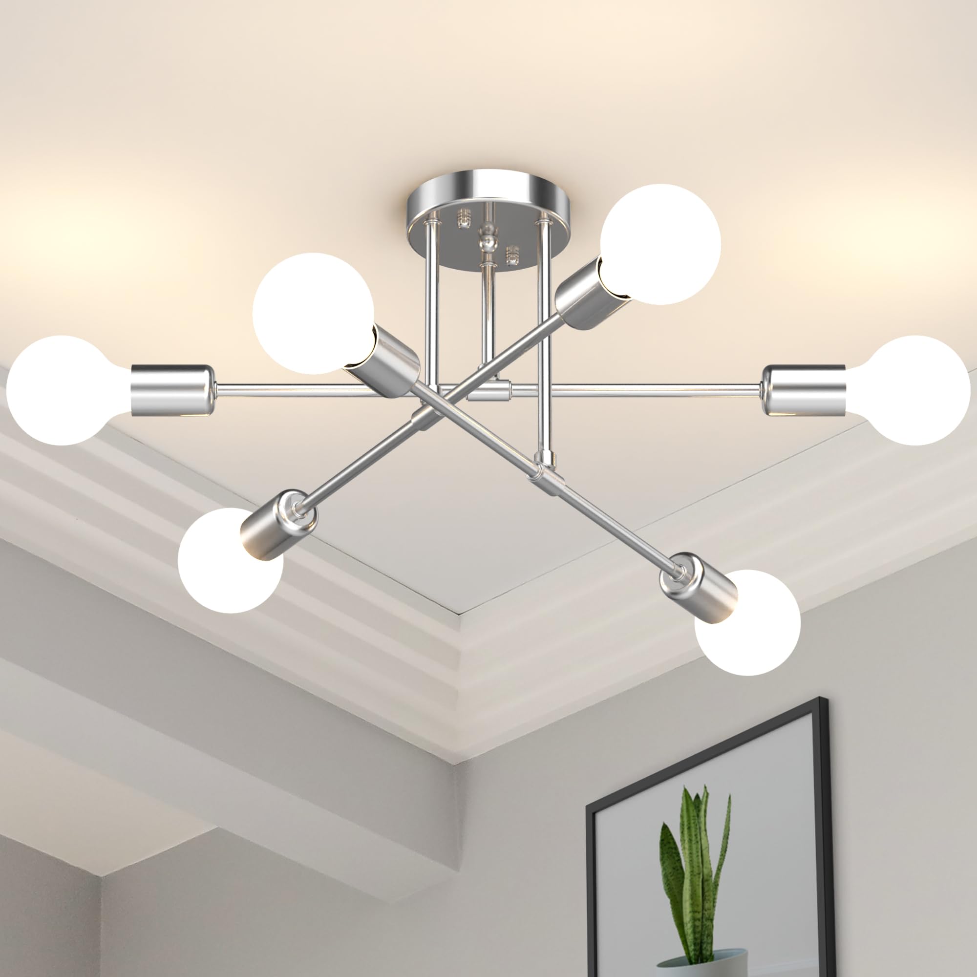 Phaosio Modern Sputnik chandelier with glossy silver finish enhances contemporary living spaces.