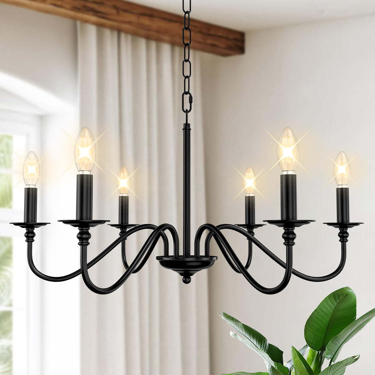 Phaosio rustic farmhouse chandelier 6-light matte black over dining table for warm ambiance