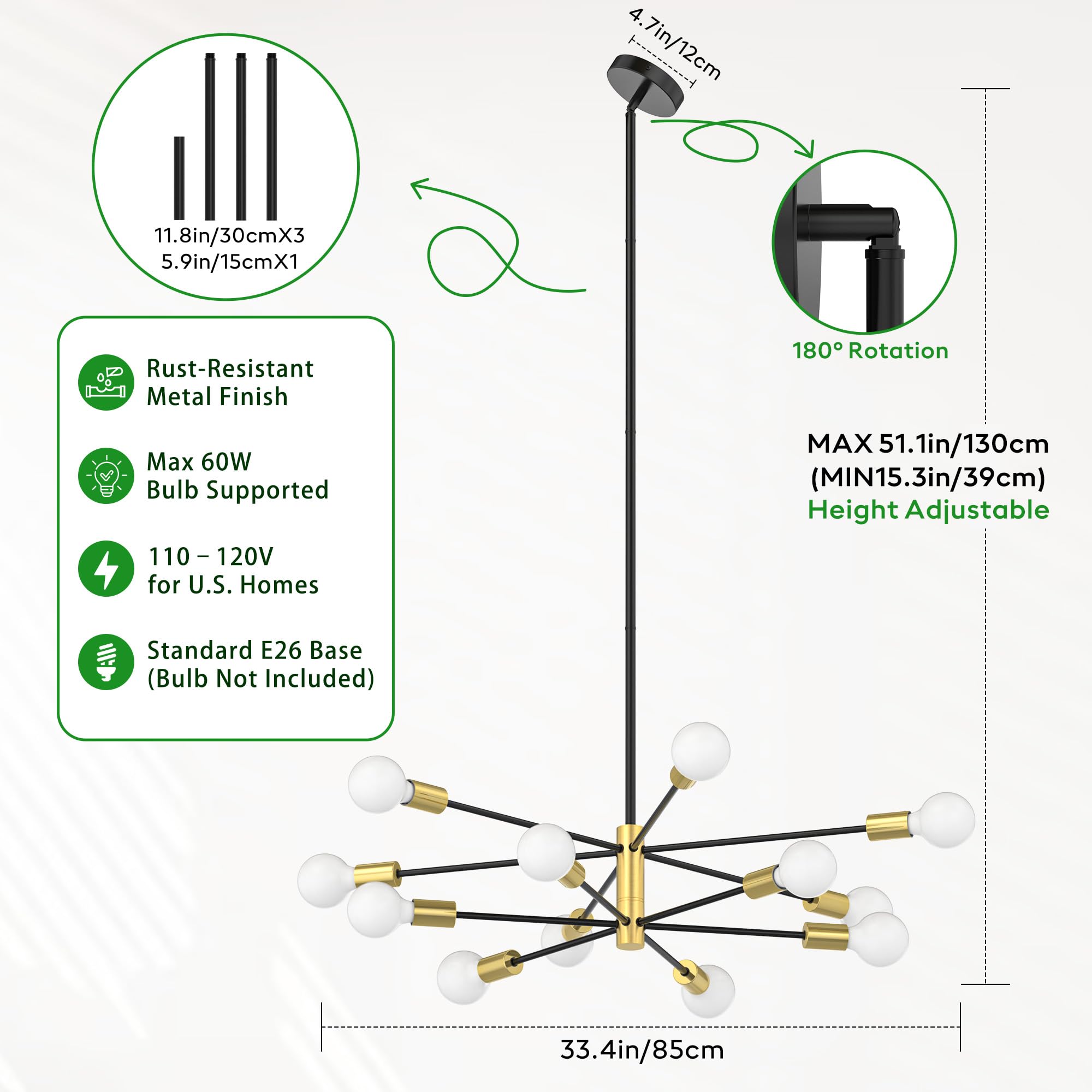 Phaosio Sputnik chandelier displays a 33-inch wide span for a bold lighting presence.