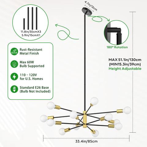 Phaosio Sputnik chandelier displays a 33-inch wide span for a bold lighting presence.