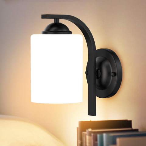 Phaosio wall sconce with matte black finish and glass shade for modern decor