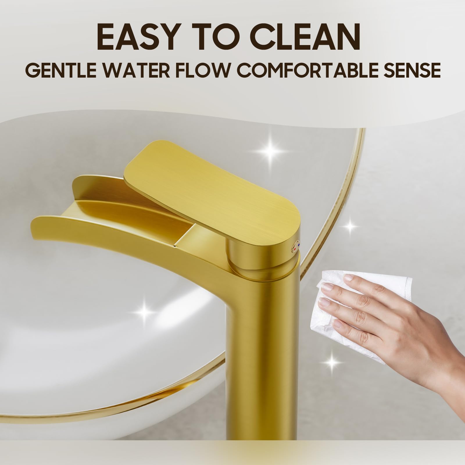 Phiestina brushed gold tall faucet aerator detail for steady flow.
