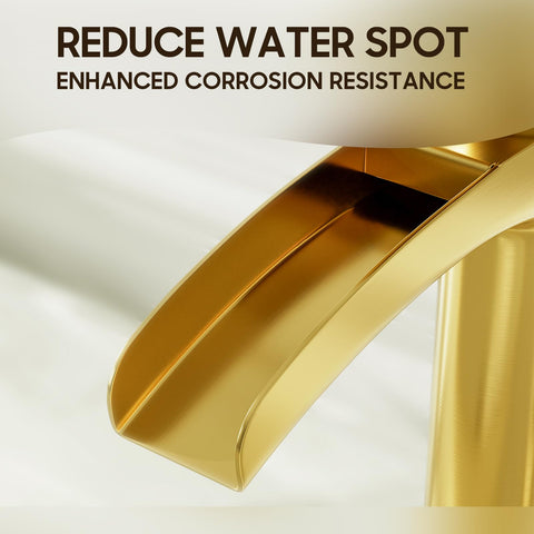 Phiestina brushed gold tall faucet ceramic valve closeup for durability.