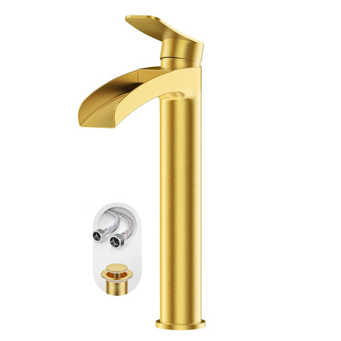Phiestina brushed gold tall faucet front view, durable finish for vessel sinks.