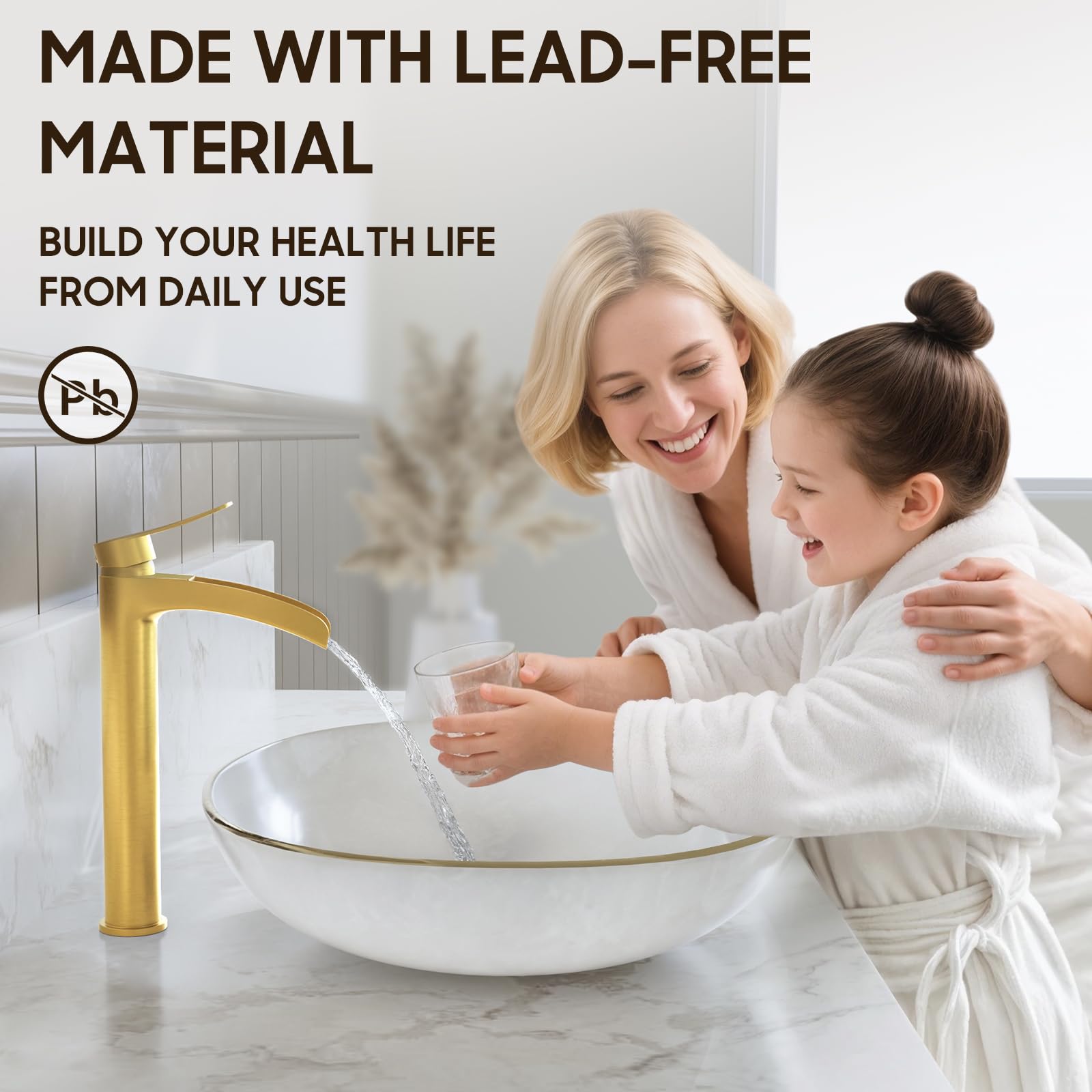 Phiestina brushed gold tall faucet handle detail emphasizing smooth operation.
