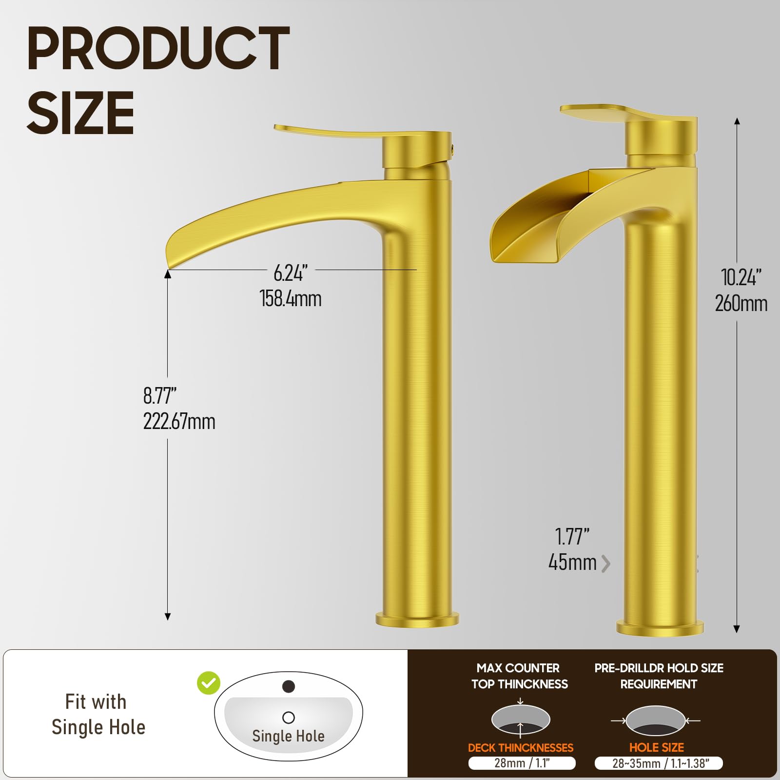 Phiestina brushed gold tall faucet pop-up drain setup, for easy installation.