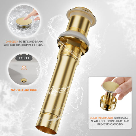 Phiestina brushed gold tall faucet vessel sink setup for elegant bathroom.