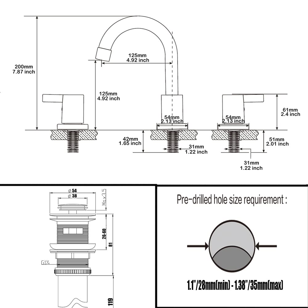 Phiestina 6-12 inch widespread fit supports 3-hole setups with precise dimensions.