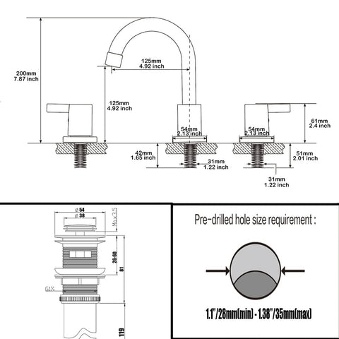 Phiestina 6-12 inch widespread fit supports 3-hole setups with precise dimensions.