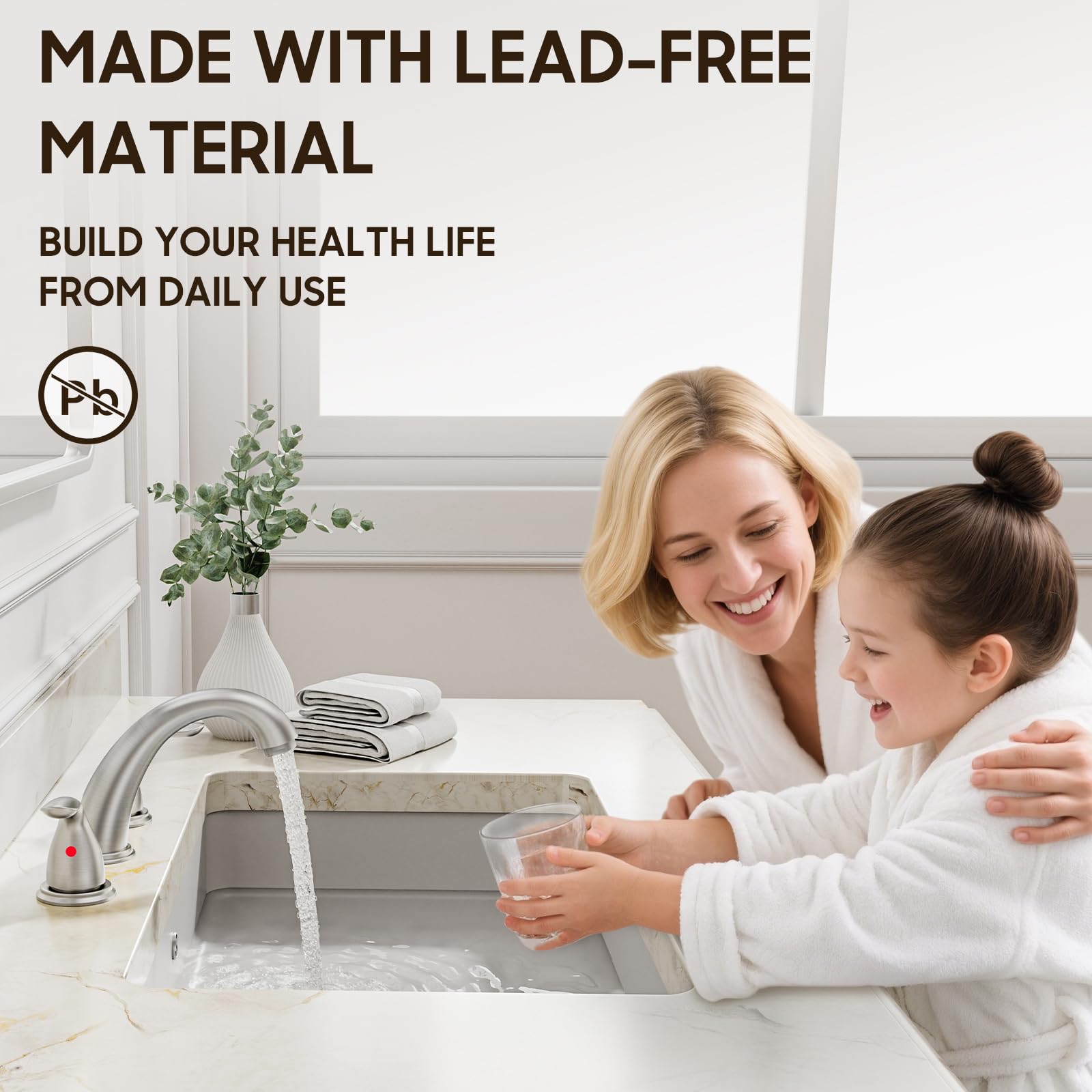 Phiestina stainless steel pop-up drain complements the brushed nickel finish.
