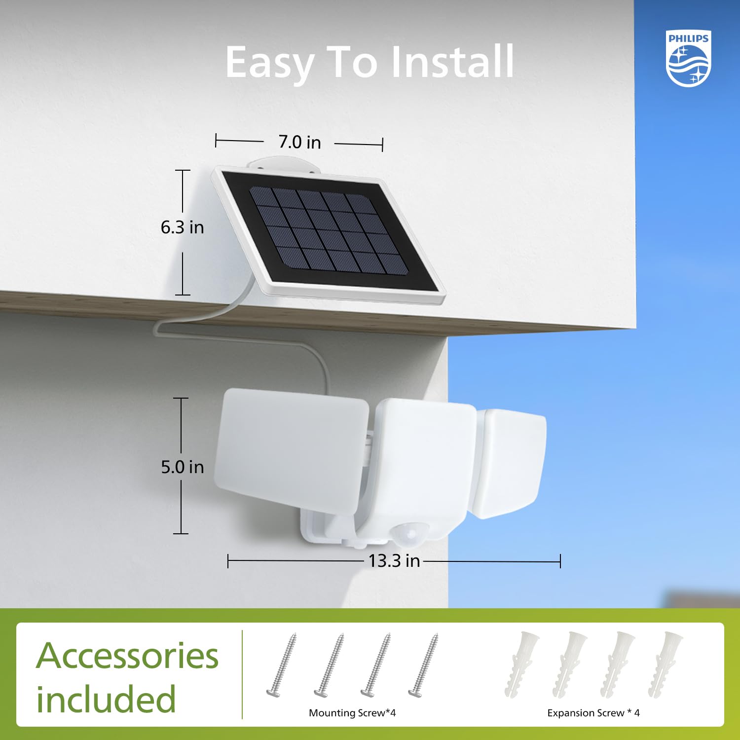 Philips 3600lm solar security light includes installation hardware.