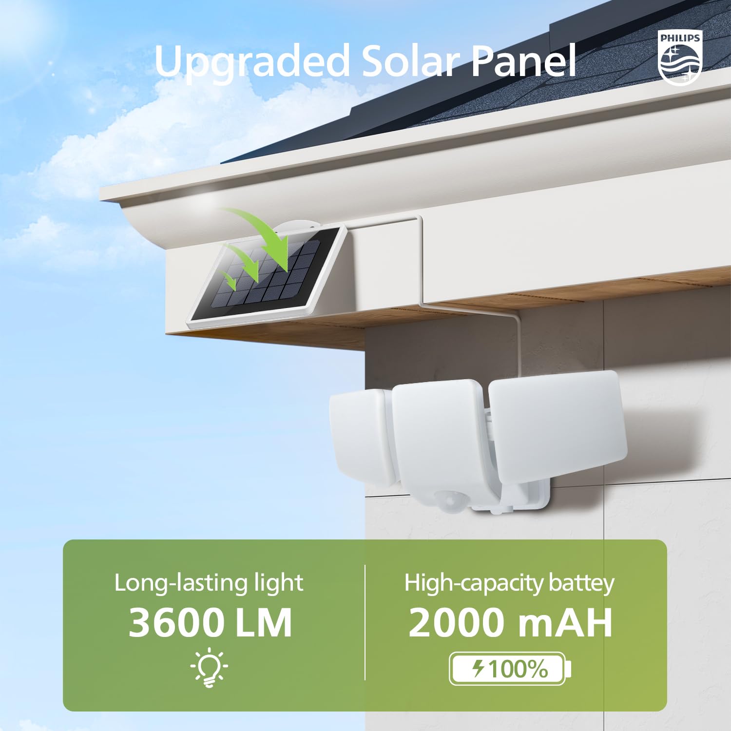Philips 3600lm solar security light waterproof and rust-resistant housing.