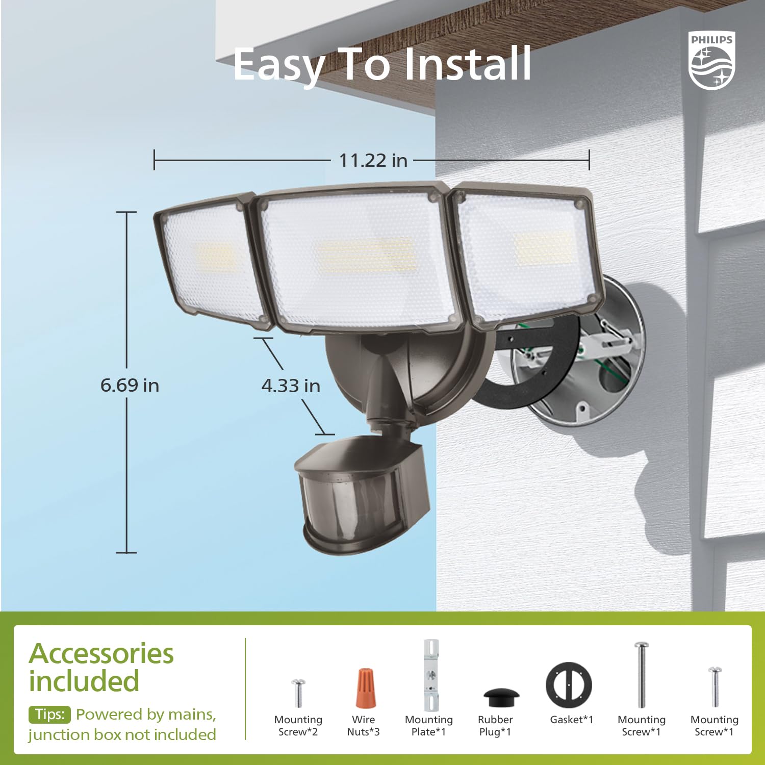 Fully assembled Philips security light with mounting accessories