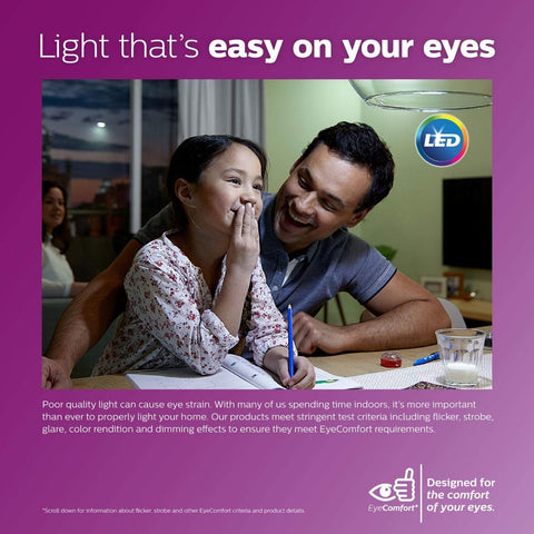 Philips A19 LED comfort light minimizes flicker and glare for easier reading.