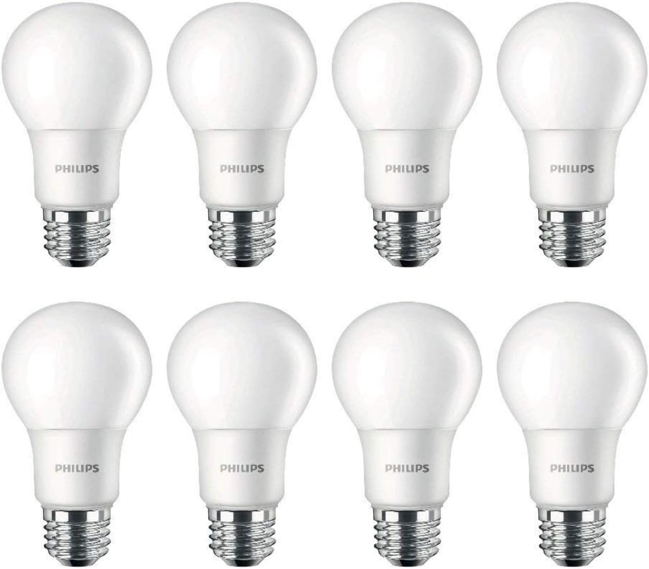 Philips A19 LED frosted front view shows classic design with energy efficiency.