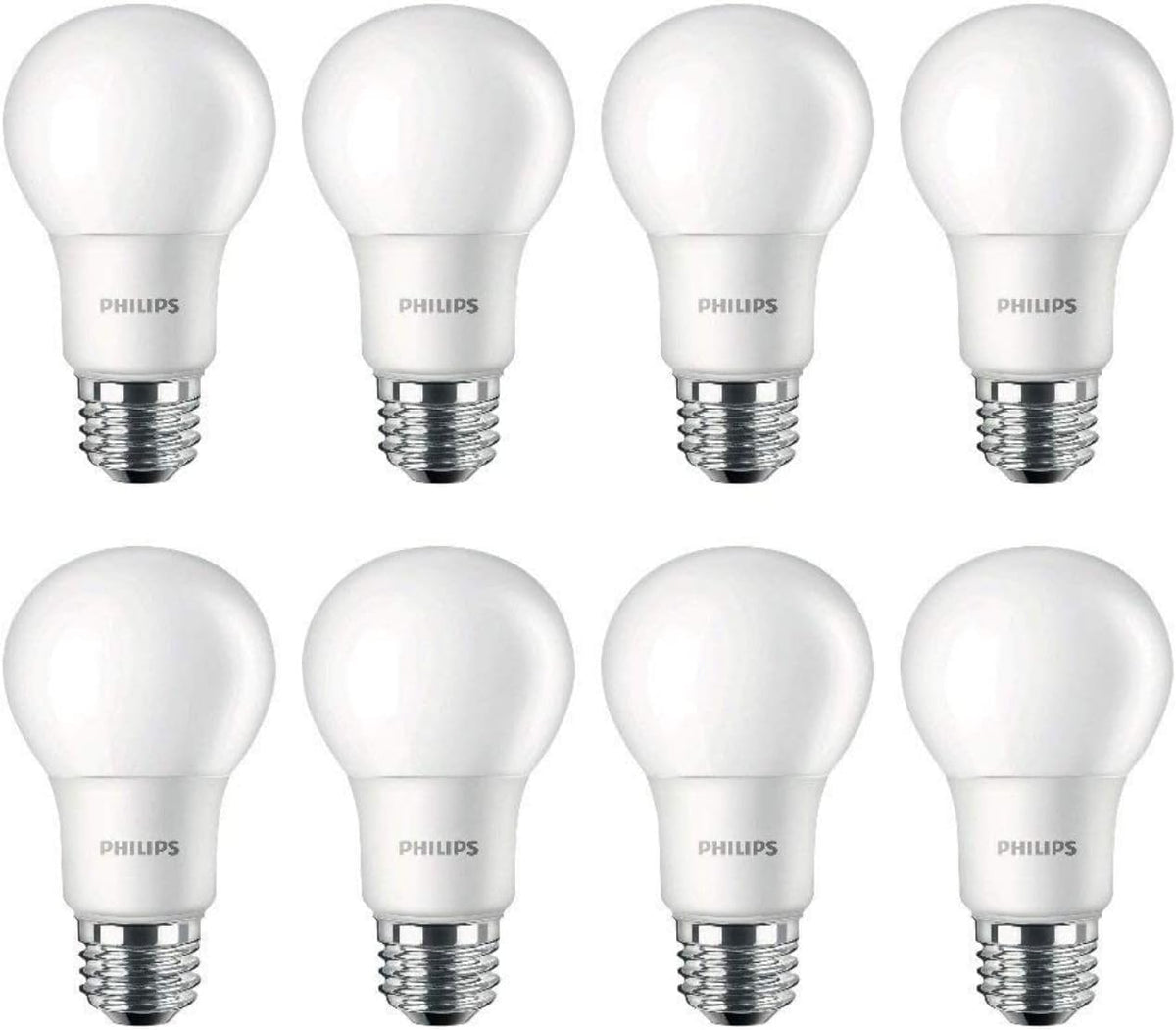 Philips A19 LED frosted front view shows classic design with energy efficiency.