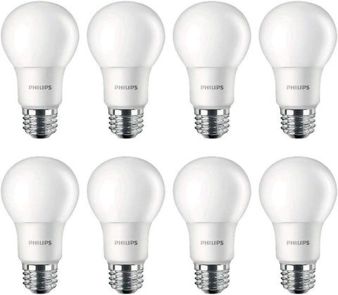 Philips A19 LED frosted front view shows classic design with energy efficiency.