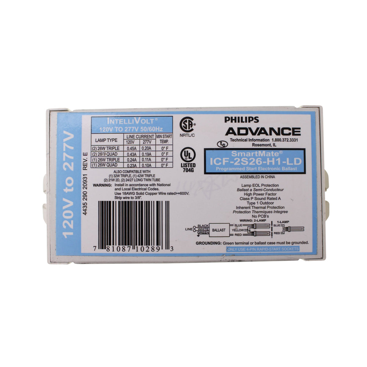 Philips Advance 10289 electronic ballast powering 1-2 lamp fixtures with efficient start.