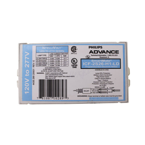 Philips Advance 10289 electronic ballast powering 1-2 lamp fixtures with efficient start.