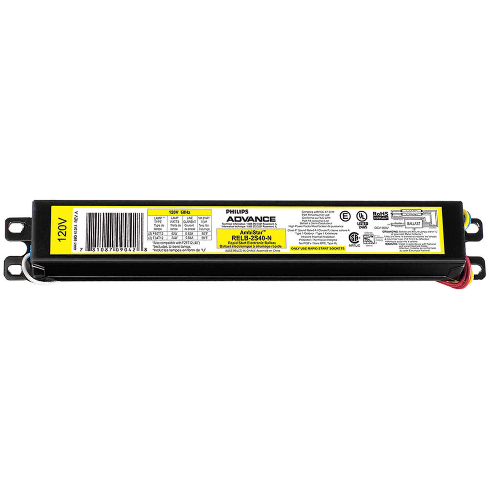 Philips Advance RELB-2S40-N electronic ballast for T12 lamps in black; reliable operation.