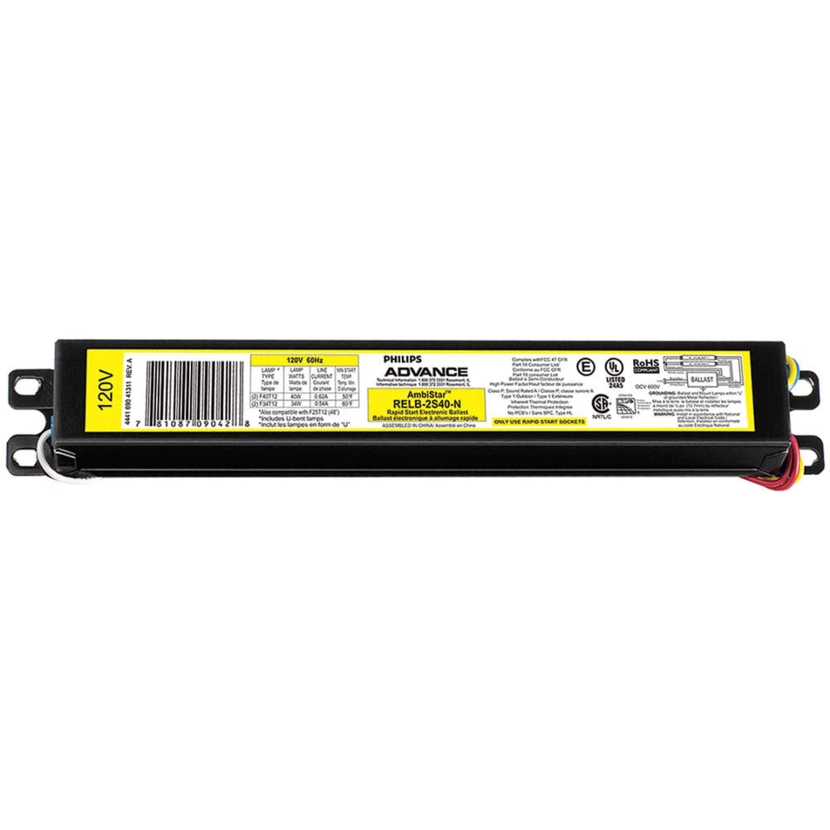 Philips Advance RELB-2S40-N electronic ballast for T12 lamps in black; reliable operation.