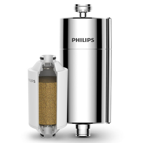 Philips AWP1775CH shower filter front view reduces chlorine for gentler showers.