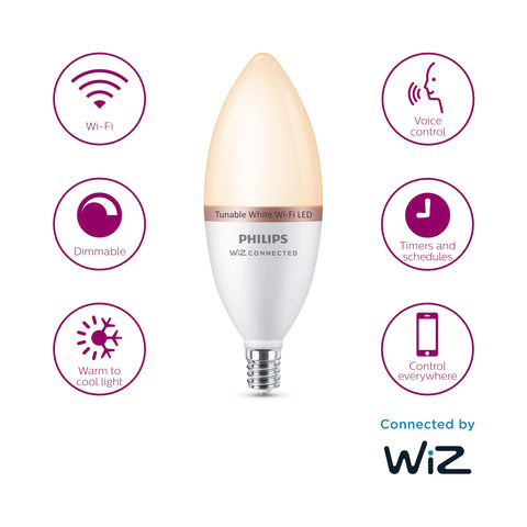 Philips B12 candle bulb with E12 base for chandeliers and sconces.
