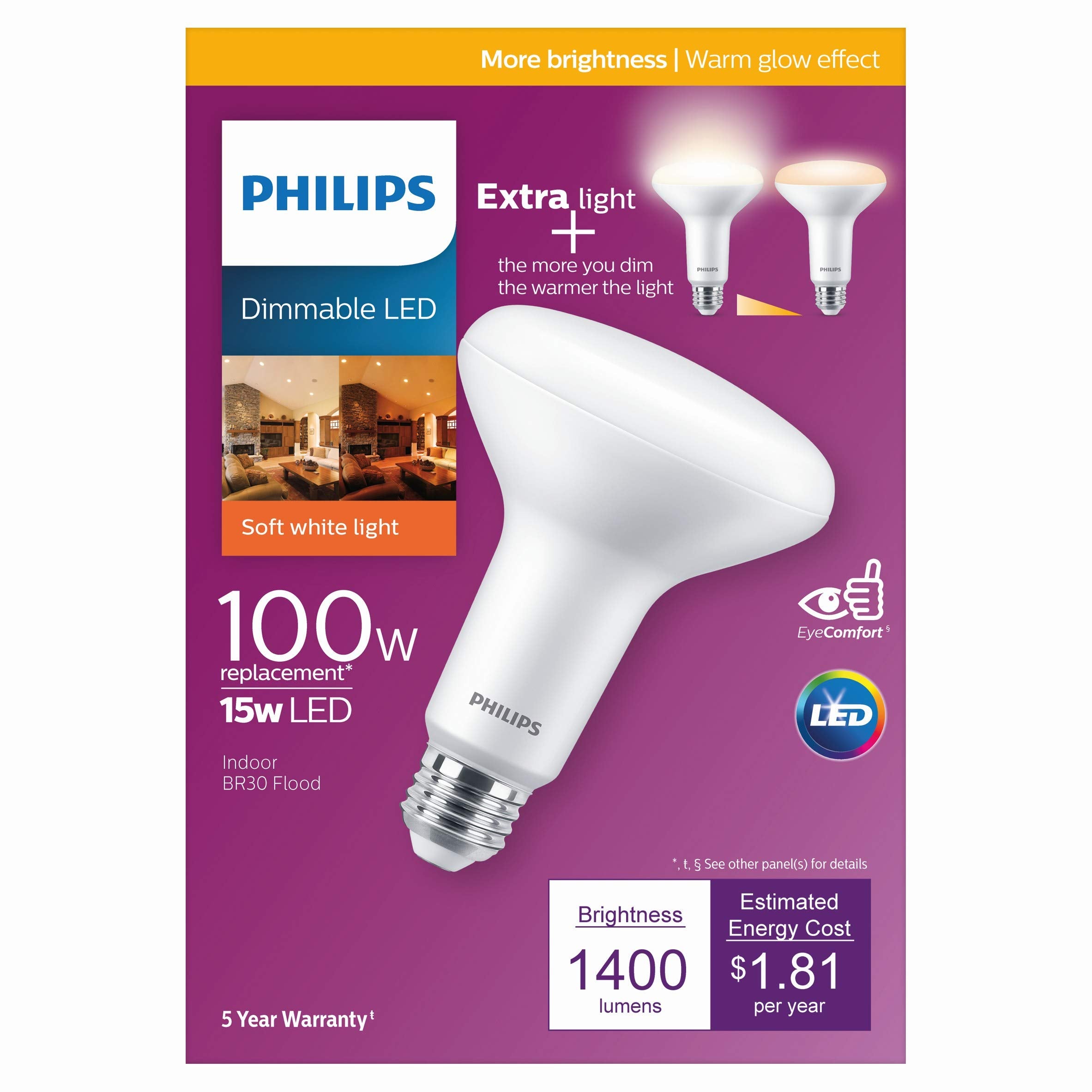 Philips BR30 1400-lumen bulb delivers bright, wide-area lighting for tall ceilings.