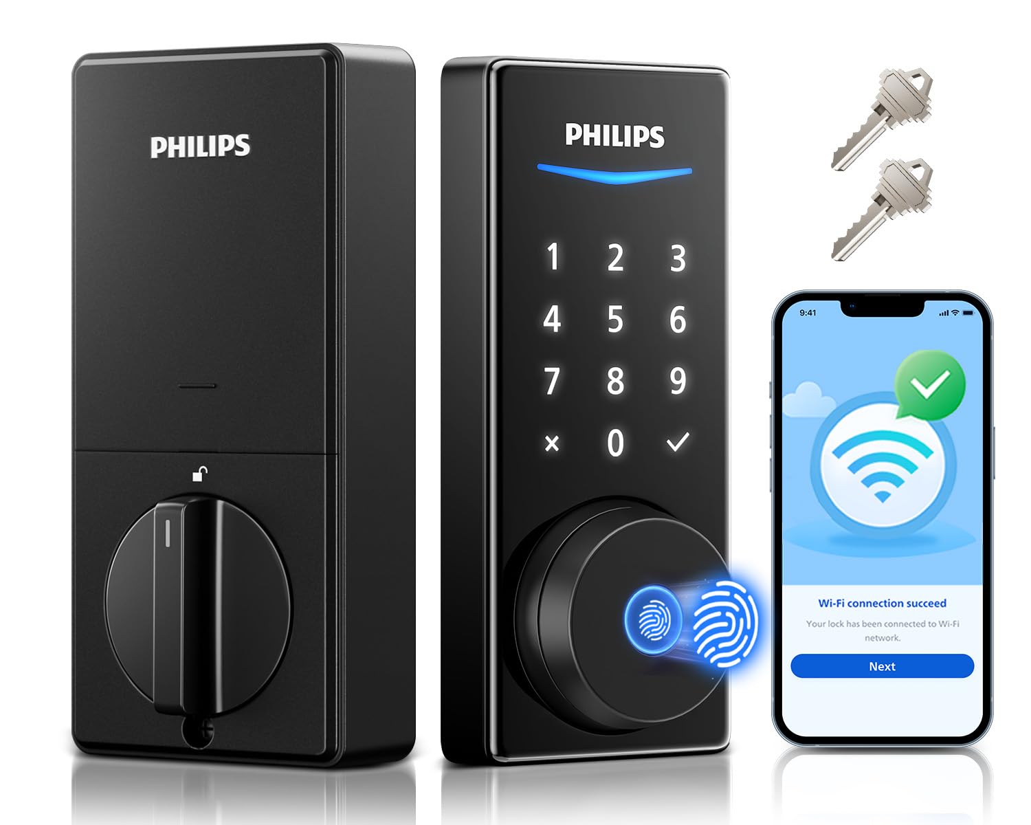 Philips built-in WiFi smart lock front view for convenient keyless entry.