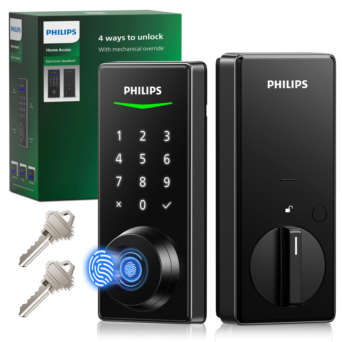Philips fingerprint door lock matte black front view showing quick access