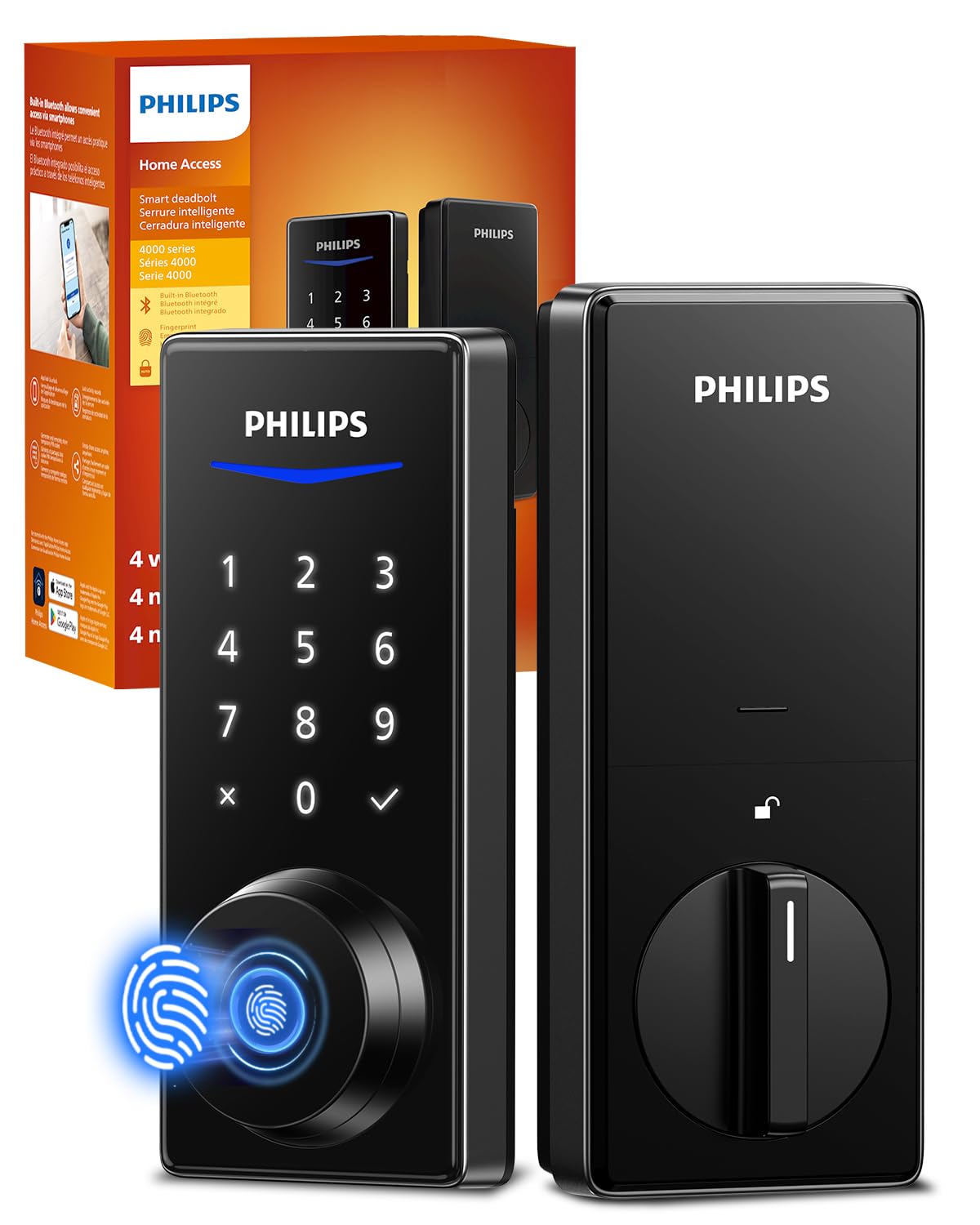 Philips fingerprint lock on a modern front door for secure keyless entry.
