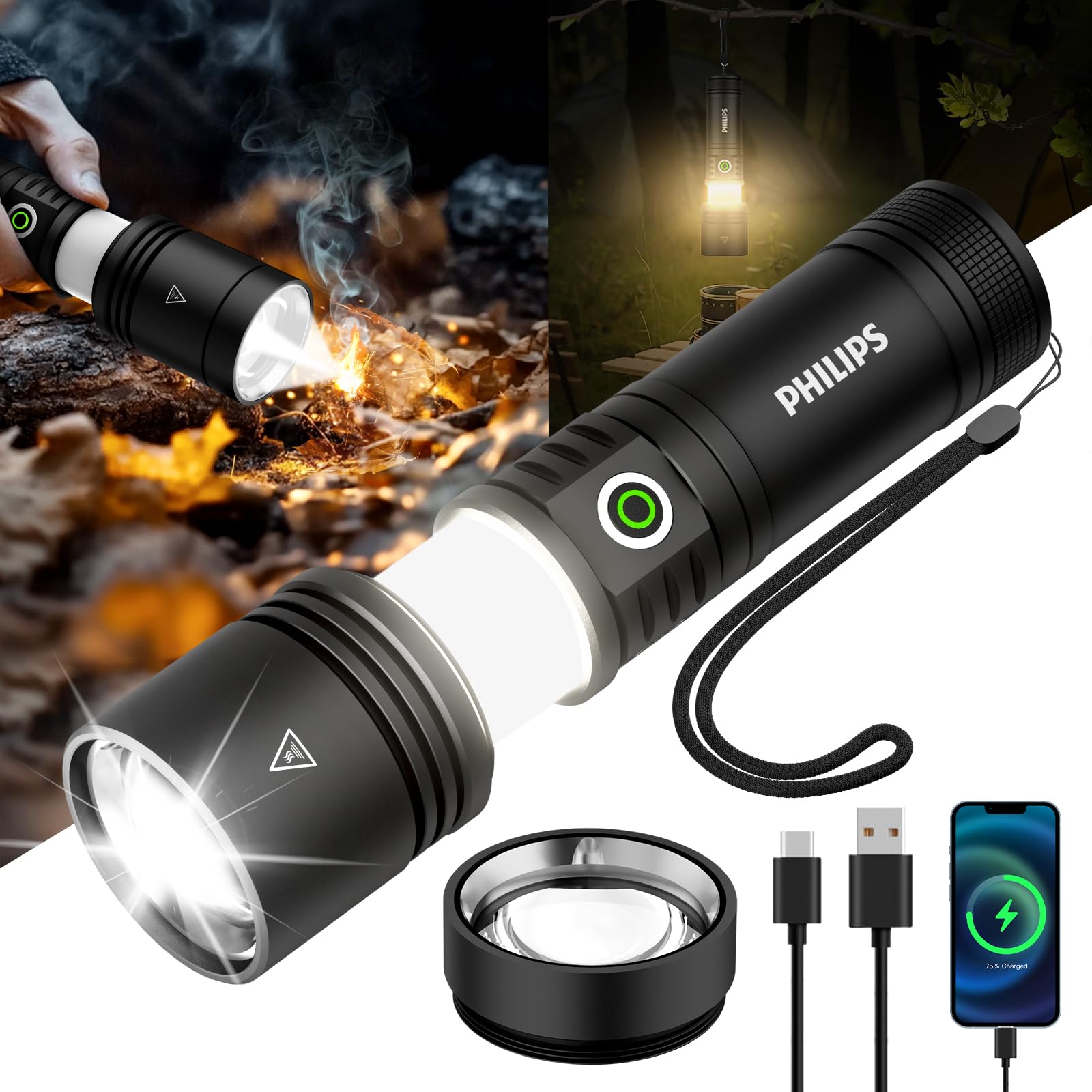 Philips high lumens zoomable flashlight showing long-range spotlight capability