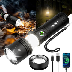 Philips high lumens zoomable flashlight showing long-range spotlight capability