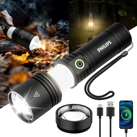Philips high lumens zoomable flashlight showing long-range spotlight capability