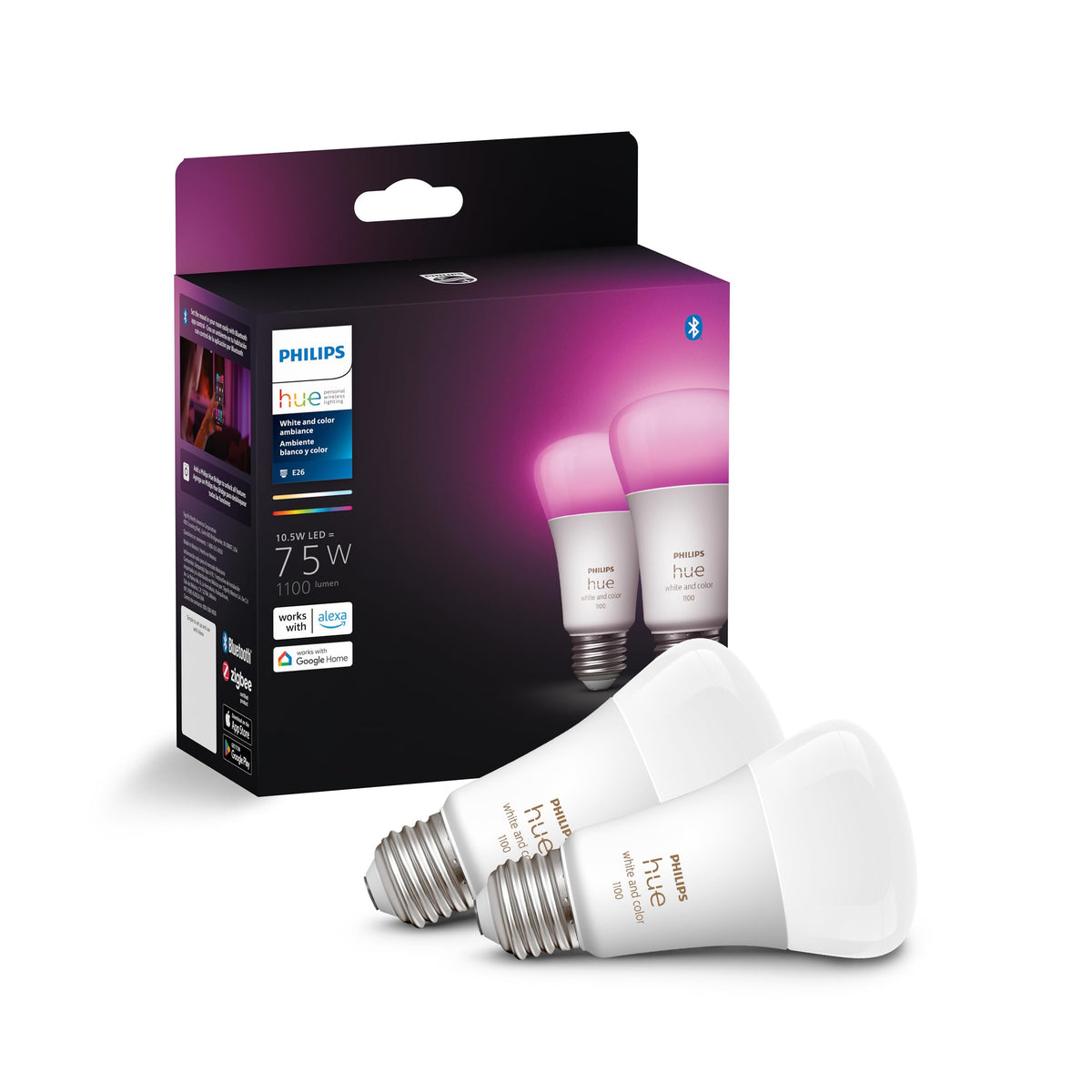 Philips Hue A19 white color ambiance bulb in a lamp provides bright, adjustable lighting.