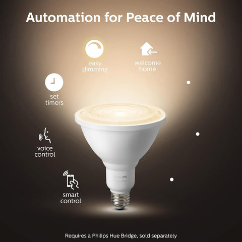 Philips Hue app control enables wireless dimming and scenes.